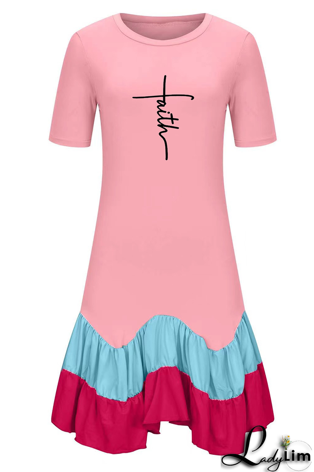 Black Fashion Print Flounce O Neck Cake Skirt Dresses