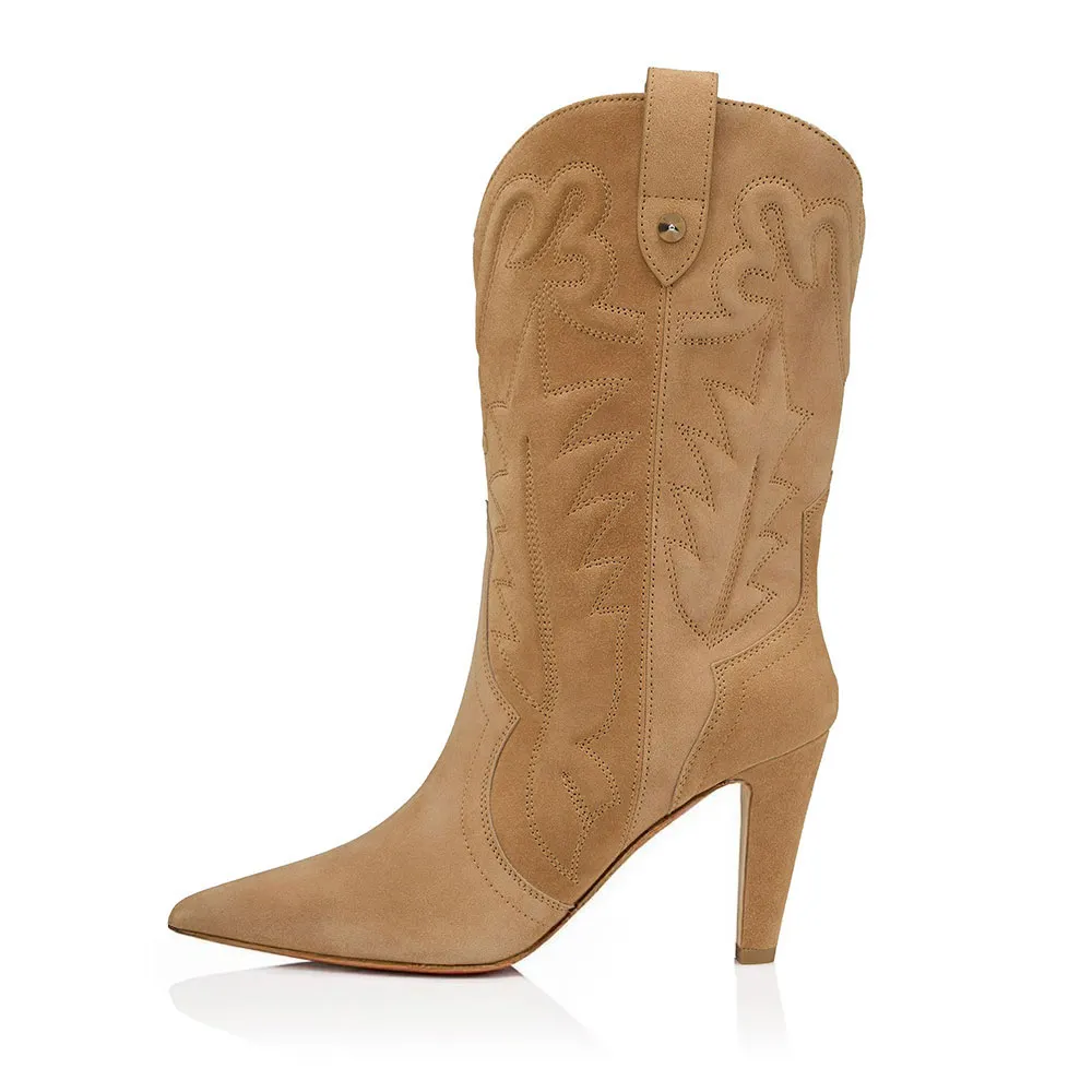 Women's Pointed Toe High Cone Heel Khaki Embroidered Western Boots