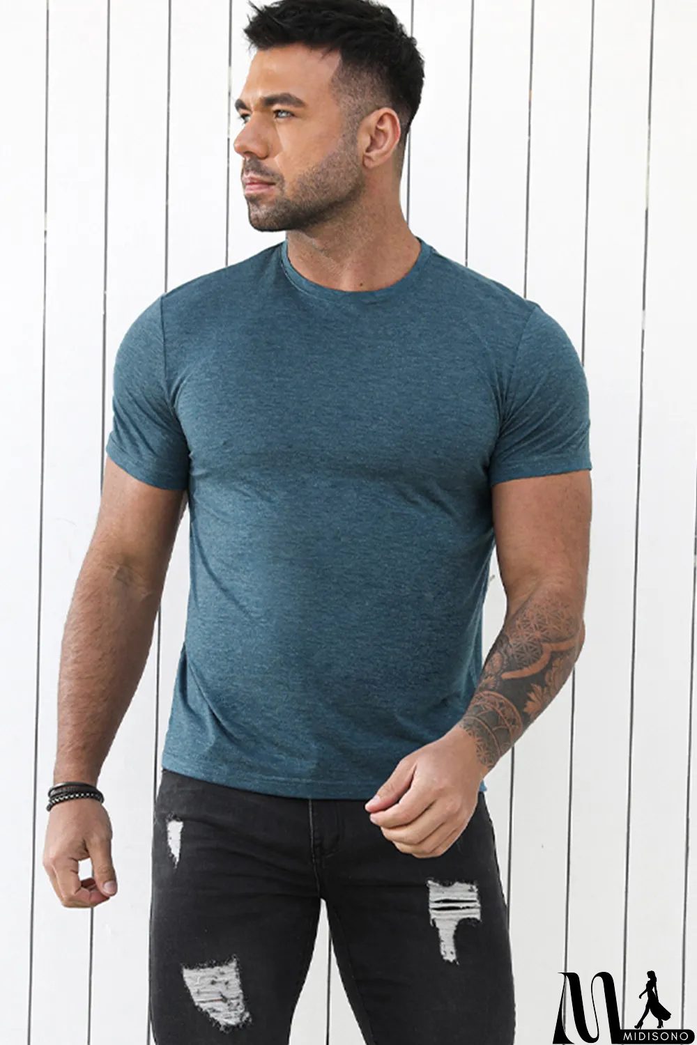 MidiSono - Blue Solid Basic Crewneck Short Sleeve Men's T-shirt