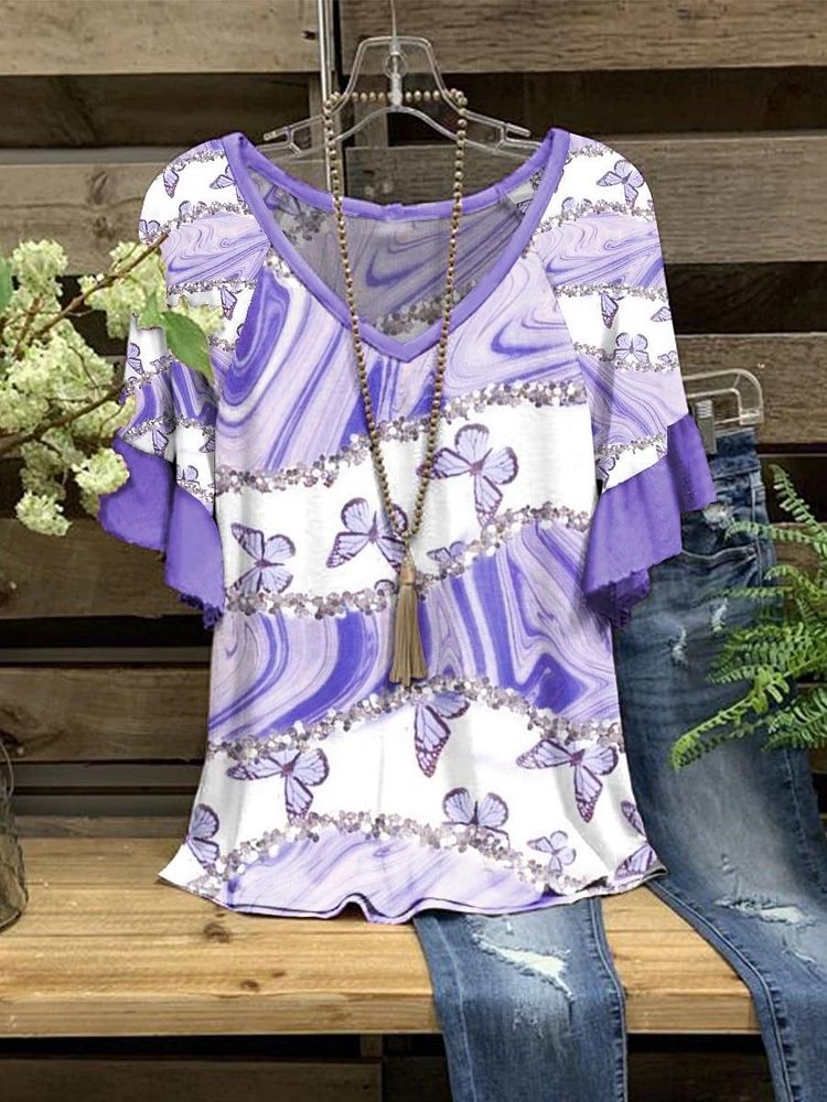 Women's V-Neck Butterfly Print Short Sleeve T-Shirt