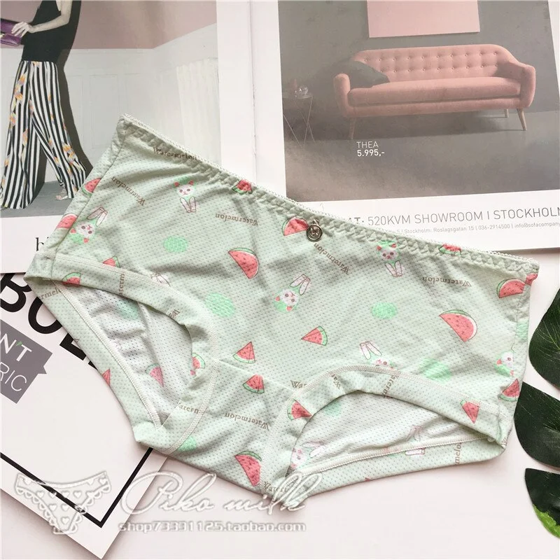 Billionm Colors Ice Silk Printing Cute Students Low Waist Cartoon Plaid Women's New Underwear Lolita Fruit Animal Fashion Panties Bow
