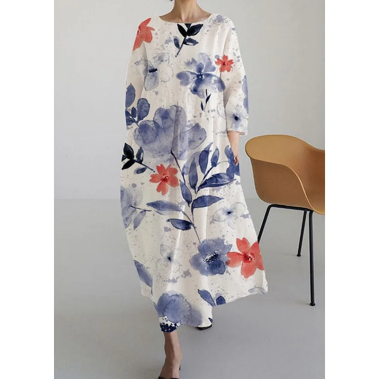Women's Casual Blue Flower Print Dress