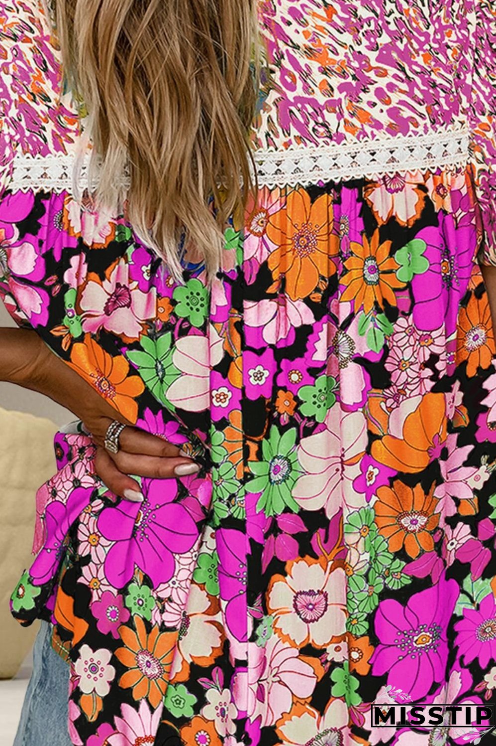 Printed Round Neck Puff Sleeve Blouse