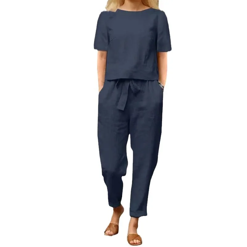 Nigikala Nigikala Women's Cotton Tample Summer With Suit Half-Sleeved O-Neck Oversized Hoodie E Broad Leg Pants Retro Two-Piece Set