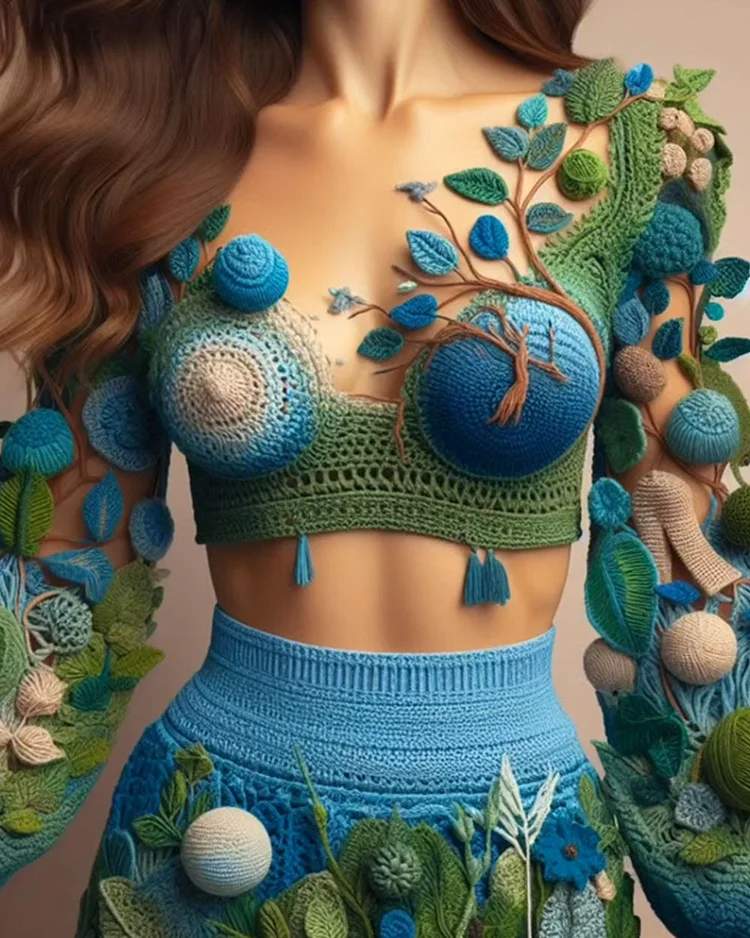 Blue Leaf Crochet Top and Floral Knitted Two-Piece Set