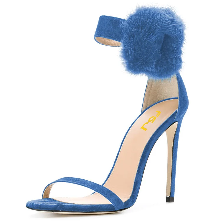 FSJ Blue Fur Heels Ankle Strap Open Toe Vegan Suede Stiletto Heel Sandals |FSJ Shoes
