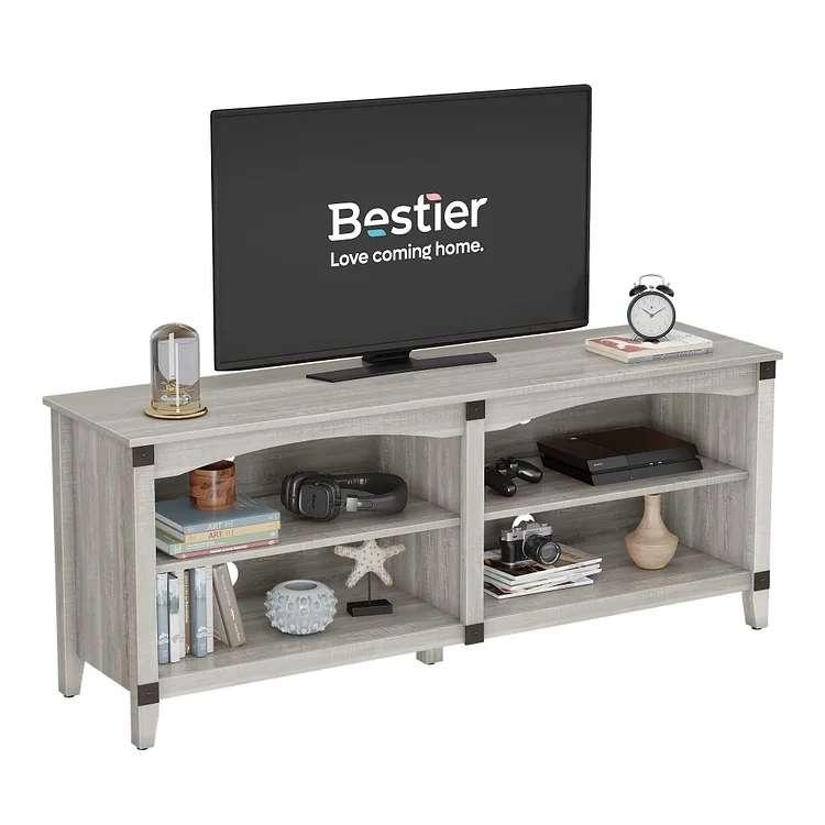 Bestier TV Stand for 65 inch TV, Farmhouse Entertainment Center with Storage, Wood TV Console for Living Room, Cord Mangement, 4 Cubby, Grey Wash