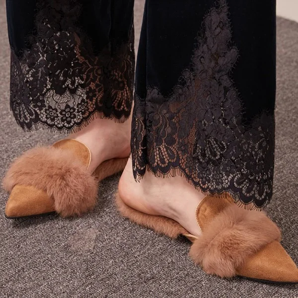 Brown Pointed Toe Velvet Shoes Women's Furry Flat Pumps Vintage Mules Nicepairs