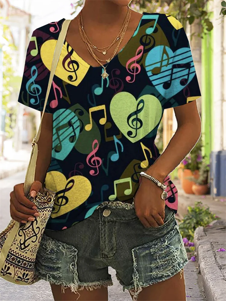 Musical Notes Pattern V Neck T Shirt