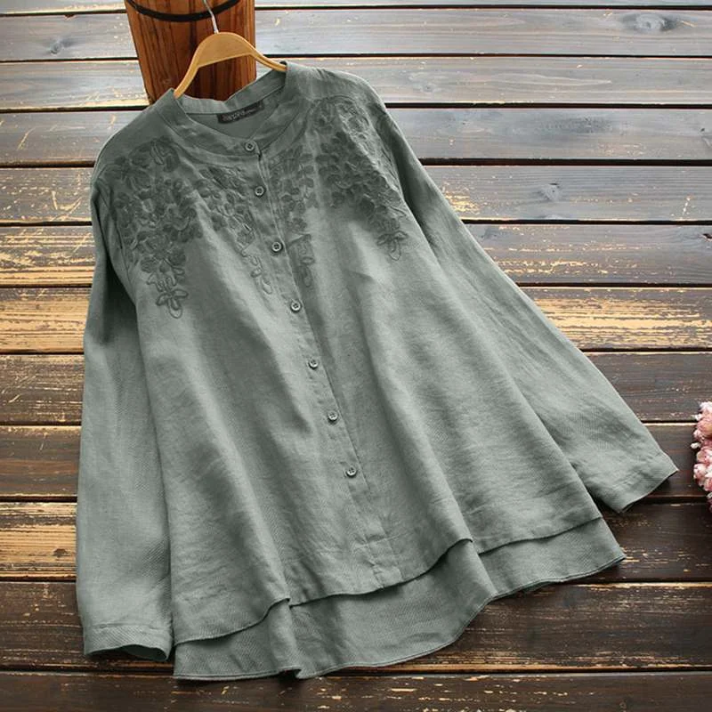 ZANZEA Vintage Women Embroidery Blouse Casual Cotton Shirt Spring Floral Long Sleeve Tunic Tops Chemise Buttons Loose Blusas