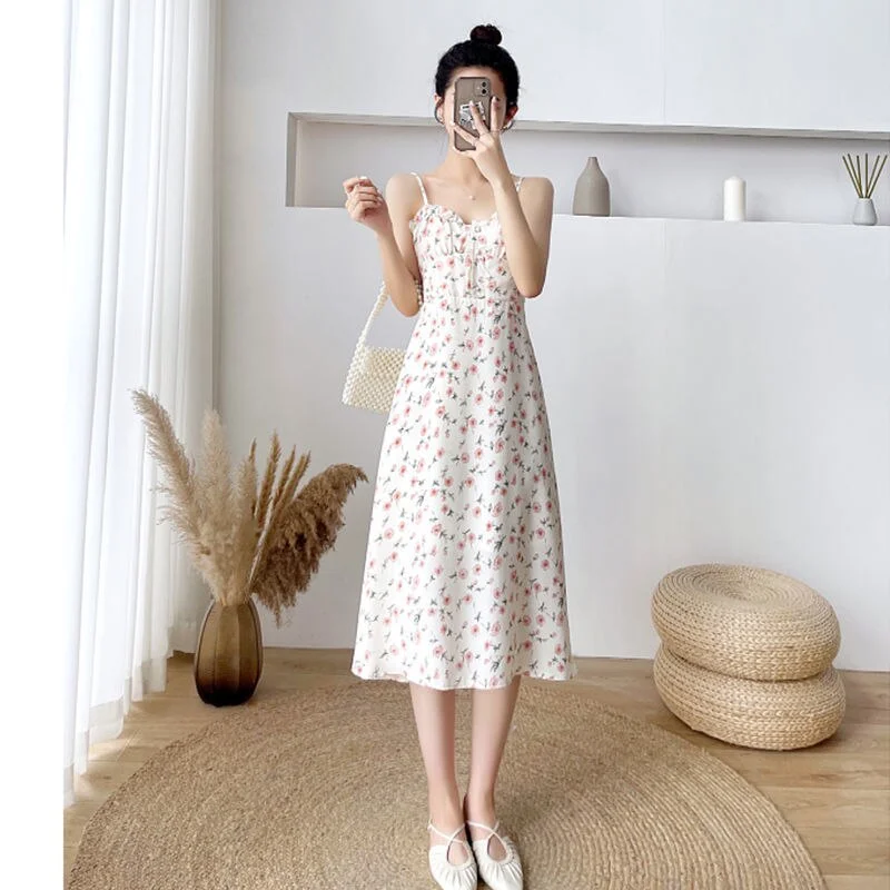 Jangj Style Prairie Chic Suspender Dress 2022 Spring Summer Sweet Style Fashion Dress High Waist Slim Chiffon Dress for Female