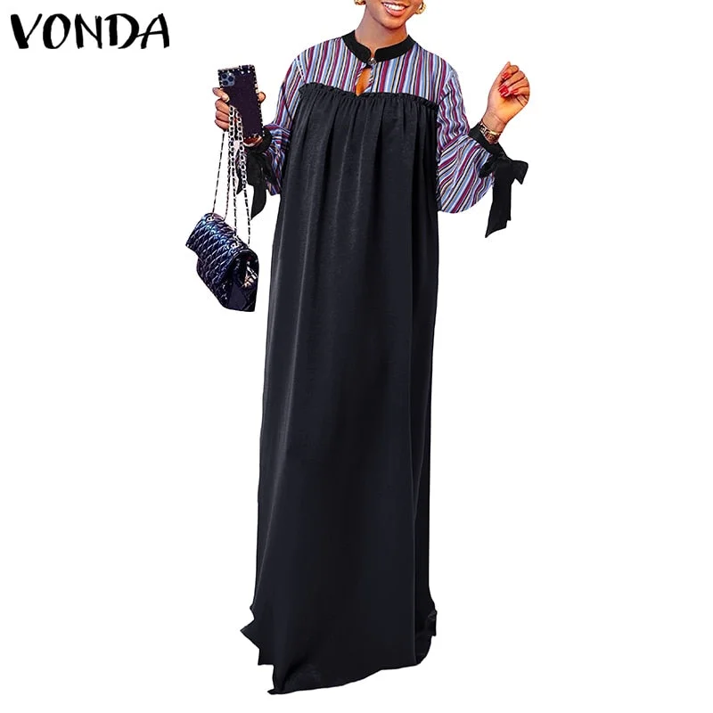 Women Dress 2022 VONDA Vintage Long Sleeve Bow Patchwork Striped Party Long Maxi Dress Casual Vestido Femme Robe Beach Sundress