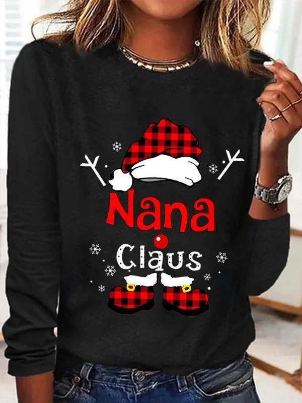 Christmas Grandma Claus Snowflake Crew Neck Simple Long Sleeve Shirt