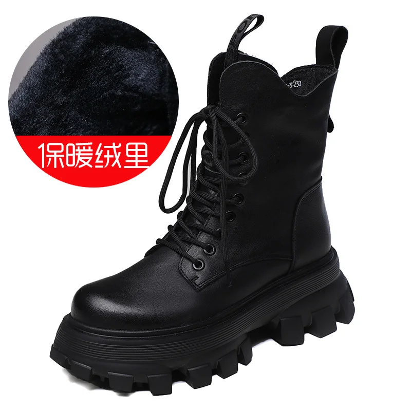 Yyvonne Layer Of Cow Skin Leather Pine Cake Foam Thick Base Lightweight Martin Boots Women Autumn And Winter Engren Wind Height Locomotive Boots Single Boots