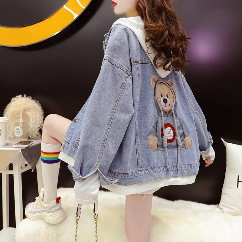 Casual Korean Cartoon Denim Hood Double-layer Jacket Women's Autumn 2021 New Fashion Spring Style With Loose Design Jackets