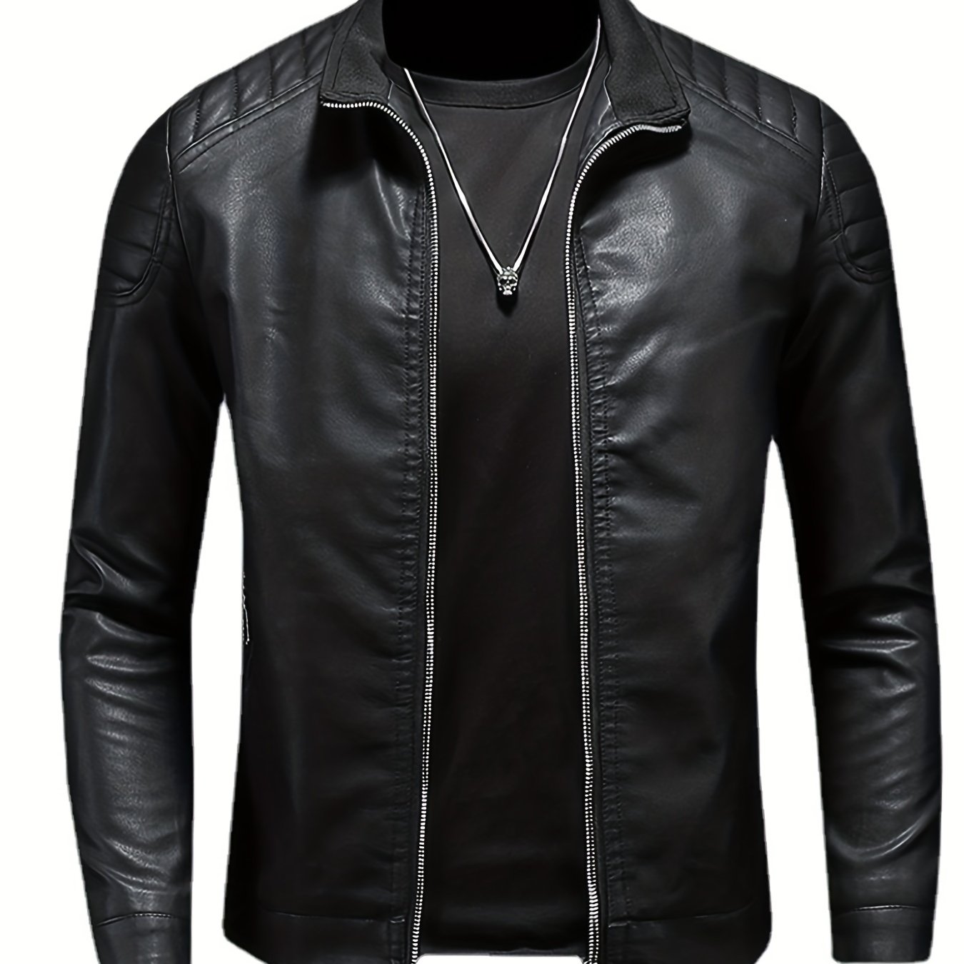 Pu Biker Jacket, Men's Casual Solid Color Zip Up Stand Collar Faux Leather Jacket For Spring Fall