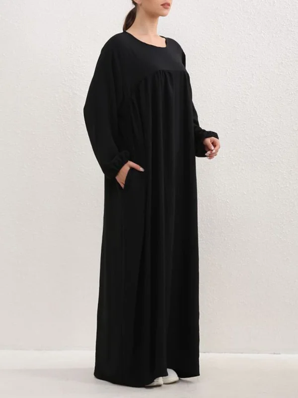 Split-Joint Solid Color Pleated Puff Sleeves Plus Size Round-Neck Maxi Dresses