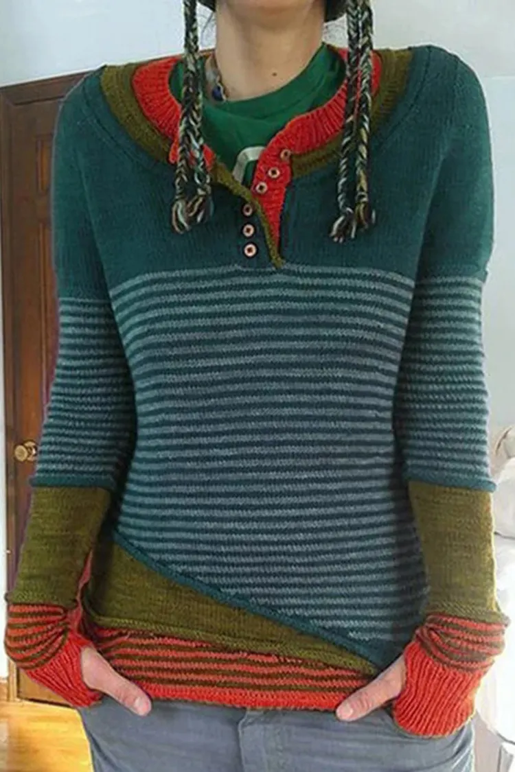 Vintage Striped Colorblock Single Breasted Sweater