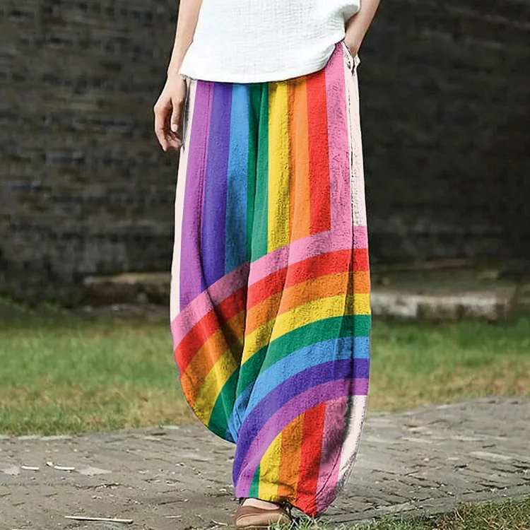 Rainbow Stripes Art Print Casual Pants
