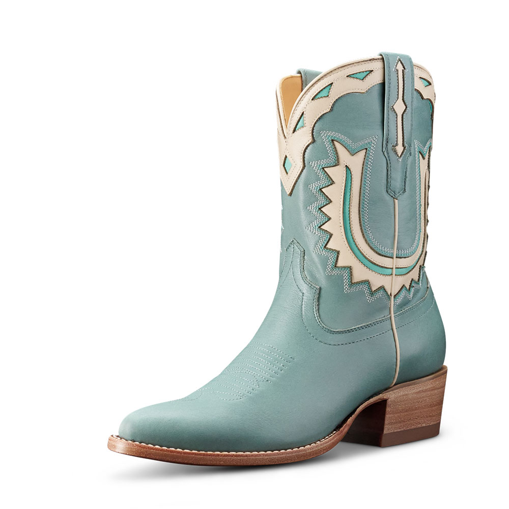 Turquoise Embroidered Patchwork Block Heel Cowboy Boots for Women Nicepairs