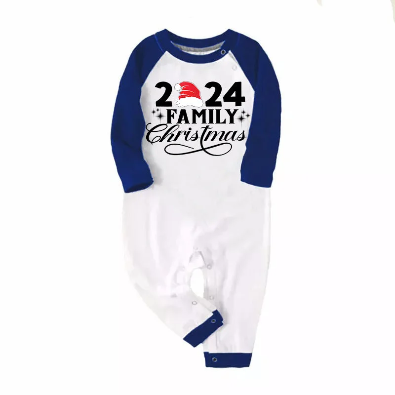 "2024 Family Christmas" Letter Print Blue & Black Plaid Family Matching White Pajamas With Dog