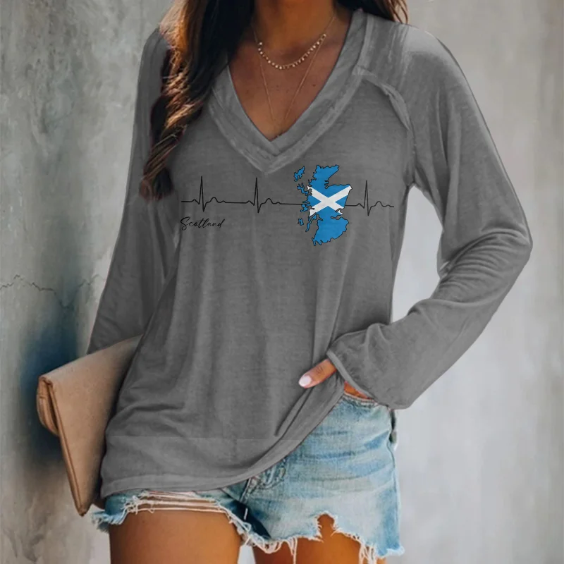 Scottish Flag Print V-Neck Long Sleeved T-Shirt