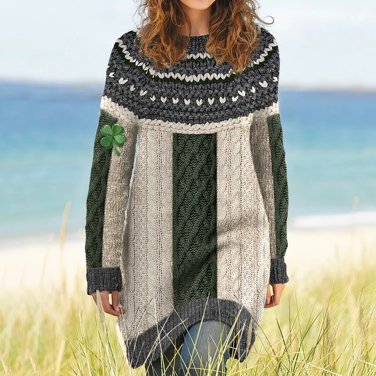 Women's Irish Celtic Knot Shamrock Contrast Jacquard Sweater Dress