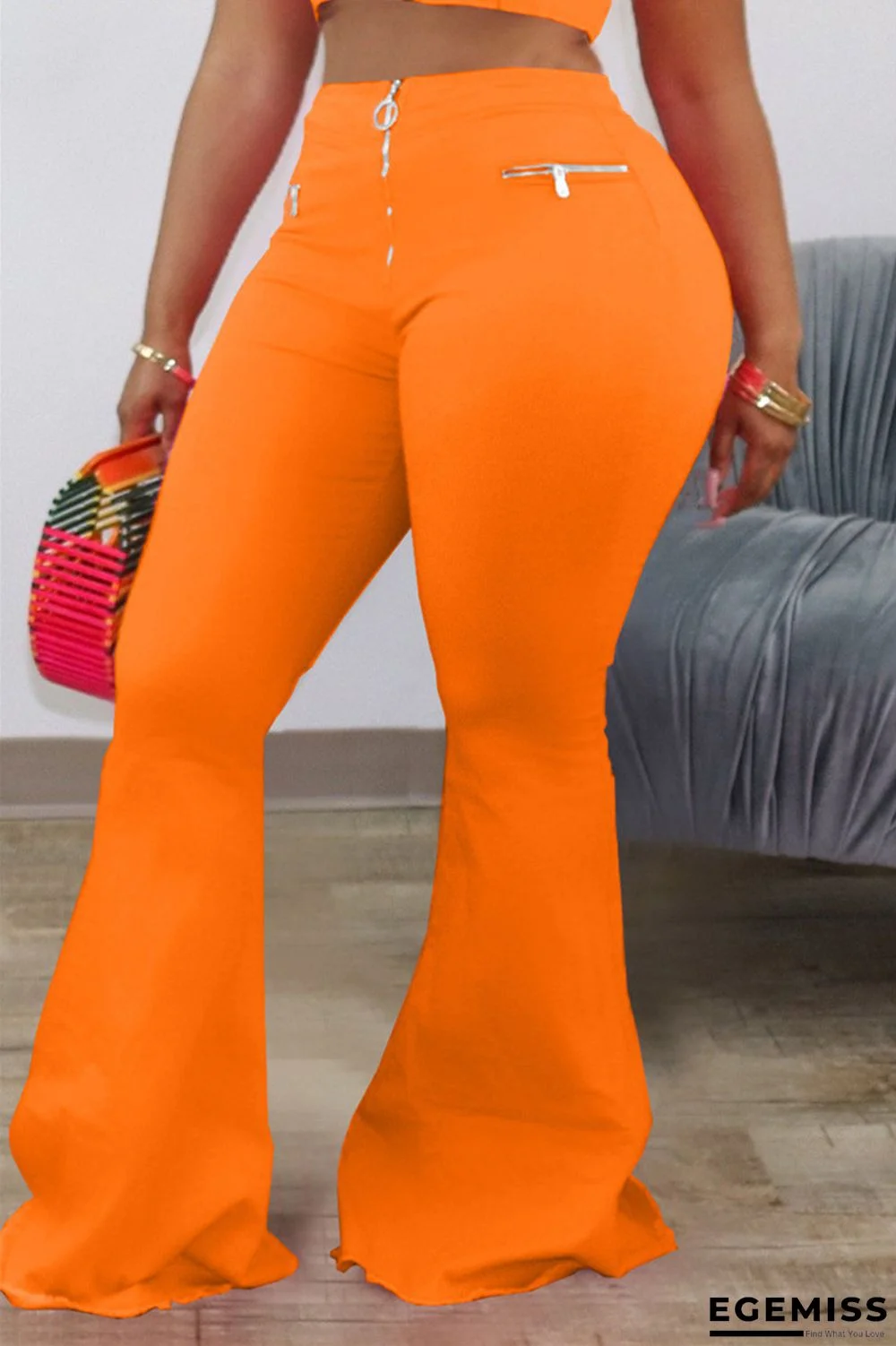 Orange Zipper Fly Low Solid Zippered Loose Pants Bottoms | EGEMISS