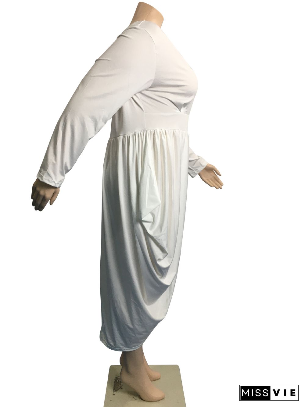 5XL Plus Size Long Sleeve V-neck Pleated Dresses