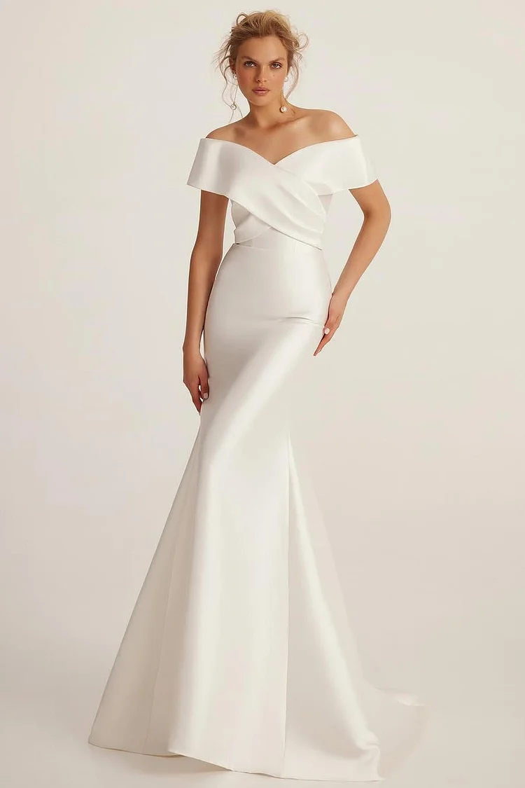 Hellodresses Off the Shoulder Sleeveless Mermaid Long Prom Dress With Pleated 