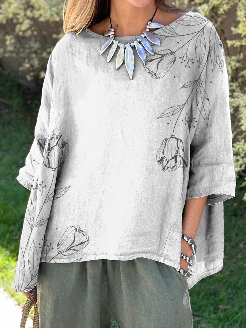 Line Drawing Tulip Floral Art Printed Women's Casual Cotton And Linen Shirt