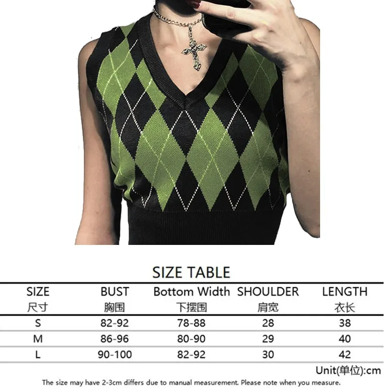 Argyle Sweater Vest Women  Black Sleeveless Plaid Knitted Crop Sweaters Casual Autumn Preppy Style 2020 tops V Neck Vintage