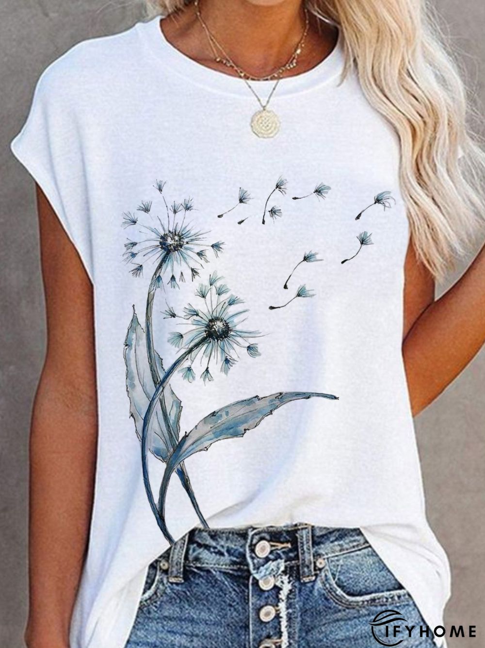 Casual Dandelion Short Sleeve Round Neck Printed Top Tunic T-Shirt | IFYHOME