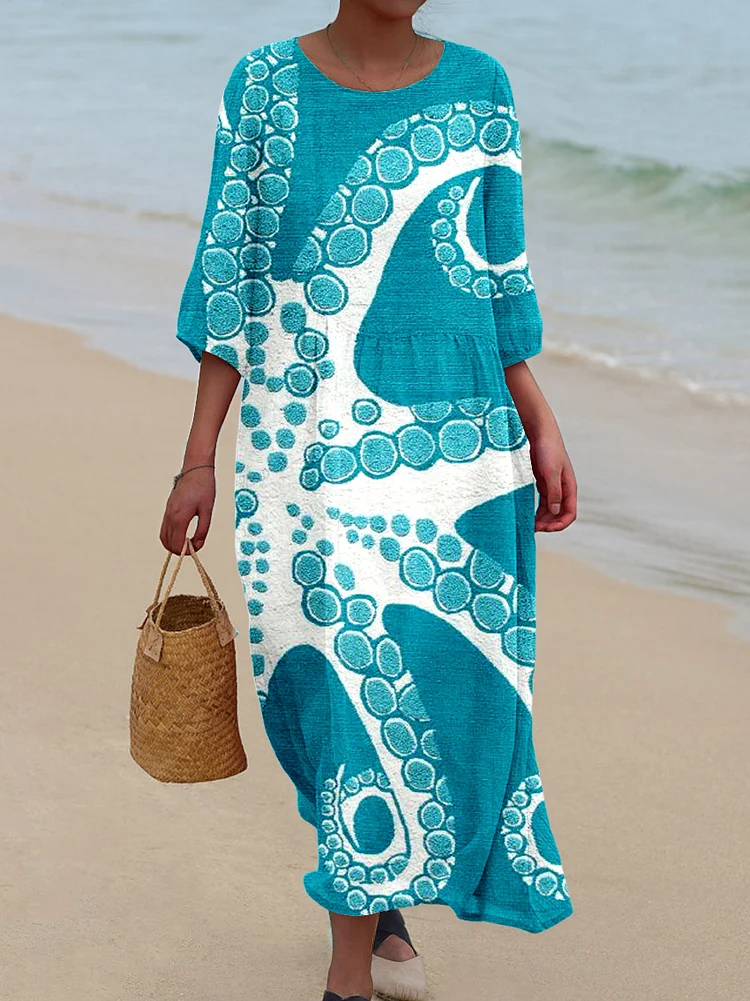 Womens Underwater World Octopus Tentacles Pattern Pocket Cotton Dress