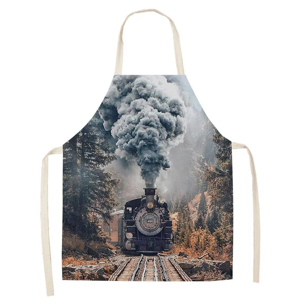 Linen Print Apron - Train - Waterproof