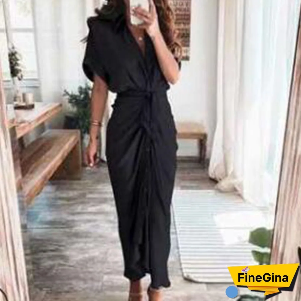 Solid Wrap V-neck Ruffle Sleeve Button Slit Dress