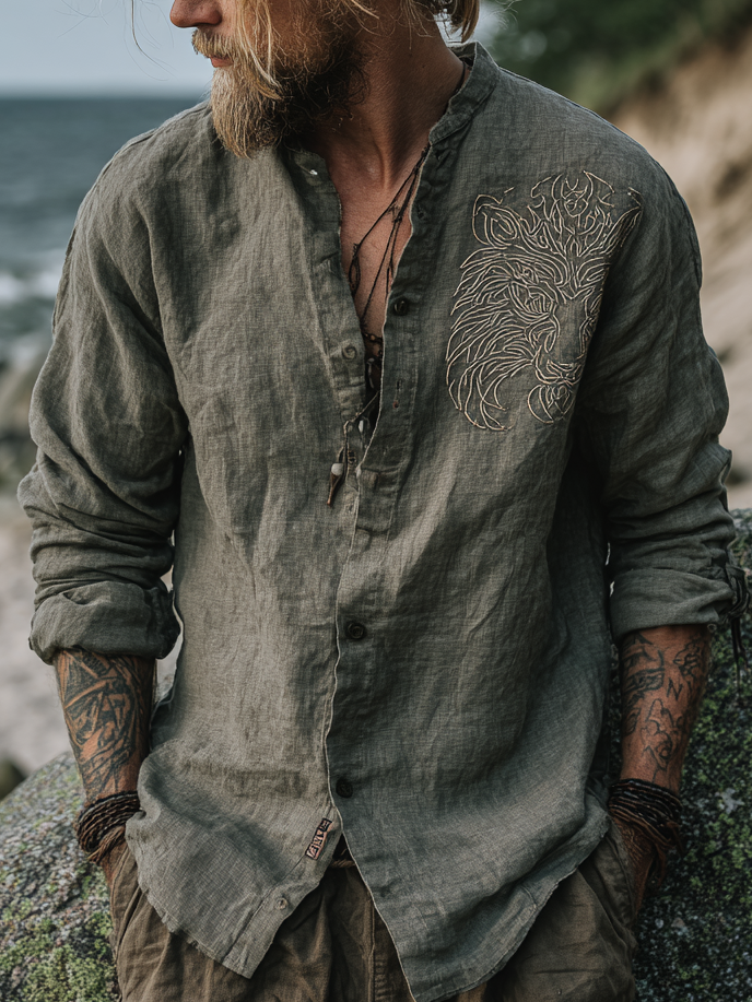 Men's Viking-Inspired Wolf Long Sleeve Linen Shirt / Rvogue / Rvogue