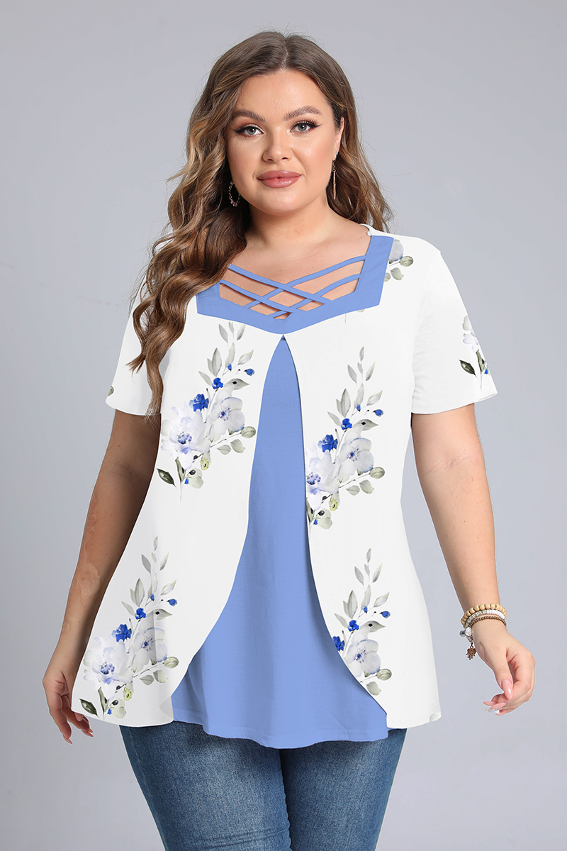 Flycurvy Plus Size Pink Cross Strap Short Sleeve Blouses 2024 - Flycurvy 