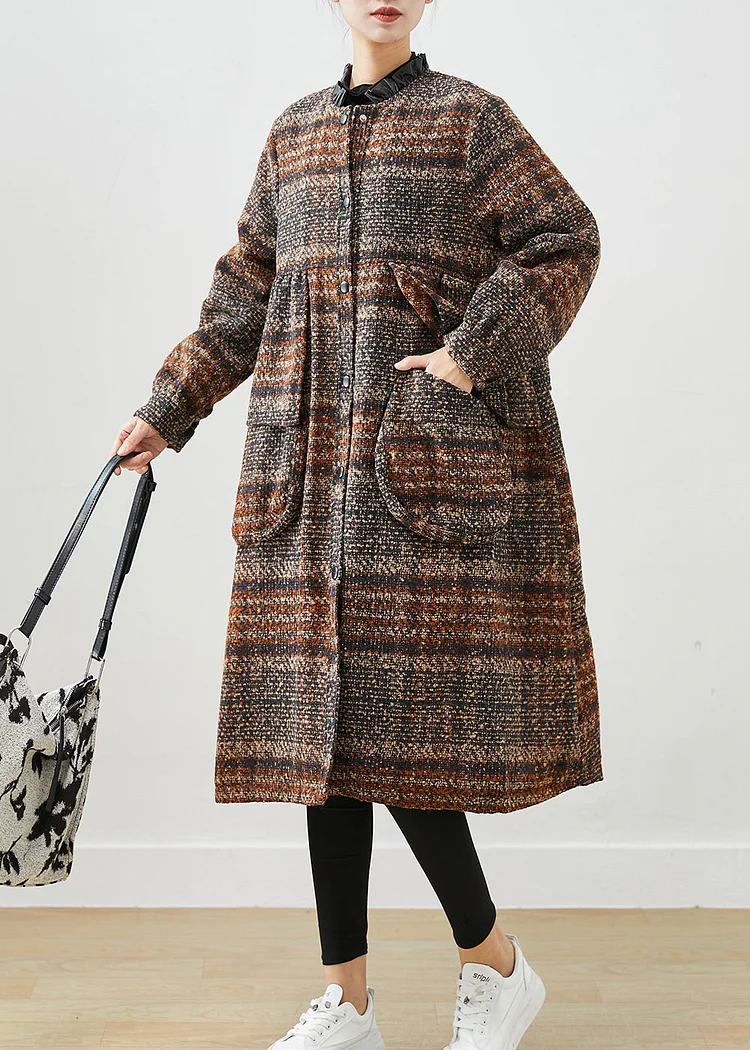Classy Brown O-Neck Oversized Thick Woolen Coats Fall