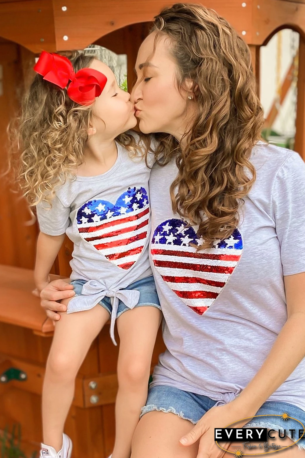 Mommy Patriotic Flag Sequin Heart Applique Knot Top
