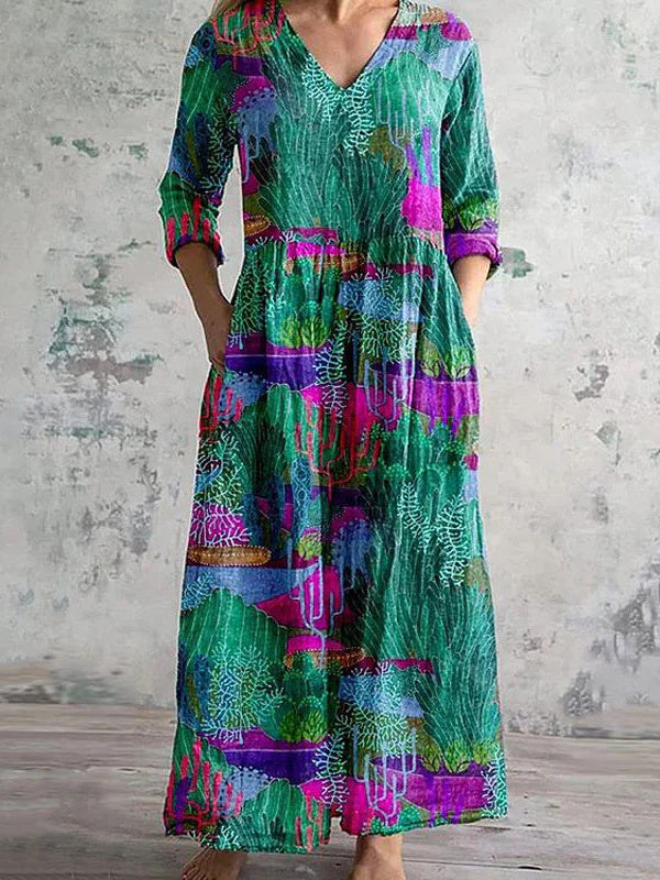 Women's Long Sleeve V-neck Graphic Printed Midi Dress