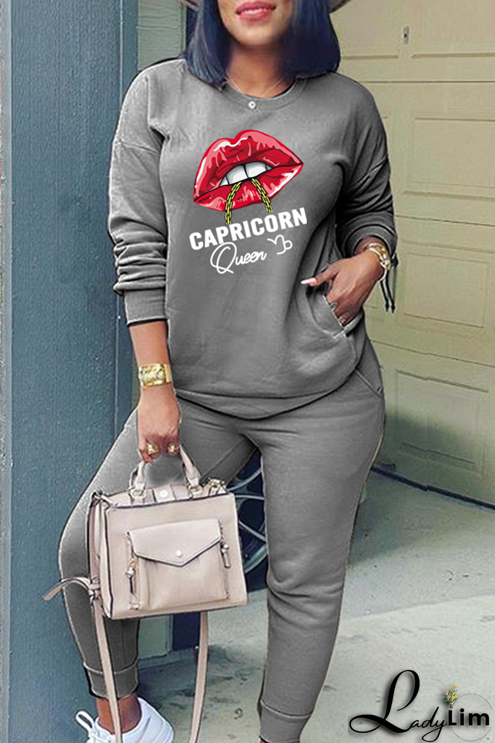 Yellow Fashion Lips Printed Patchwork O Neck Long Sleeve Two Pieces