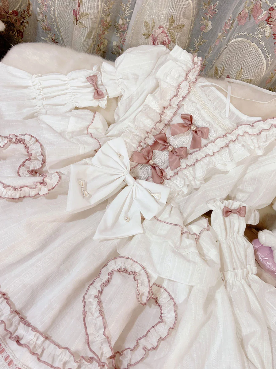 White Dress Sweet Lolita Wedding Dress Detachable Sleeves Ruffles Lace  Pink Bows  Lolita One Piece Dress Novameme