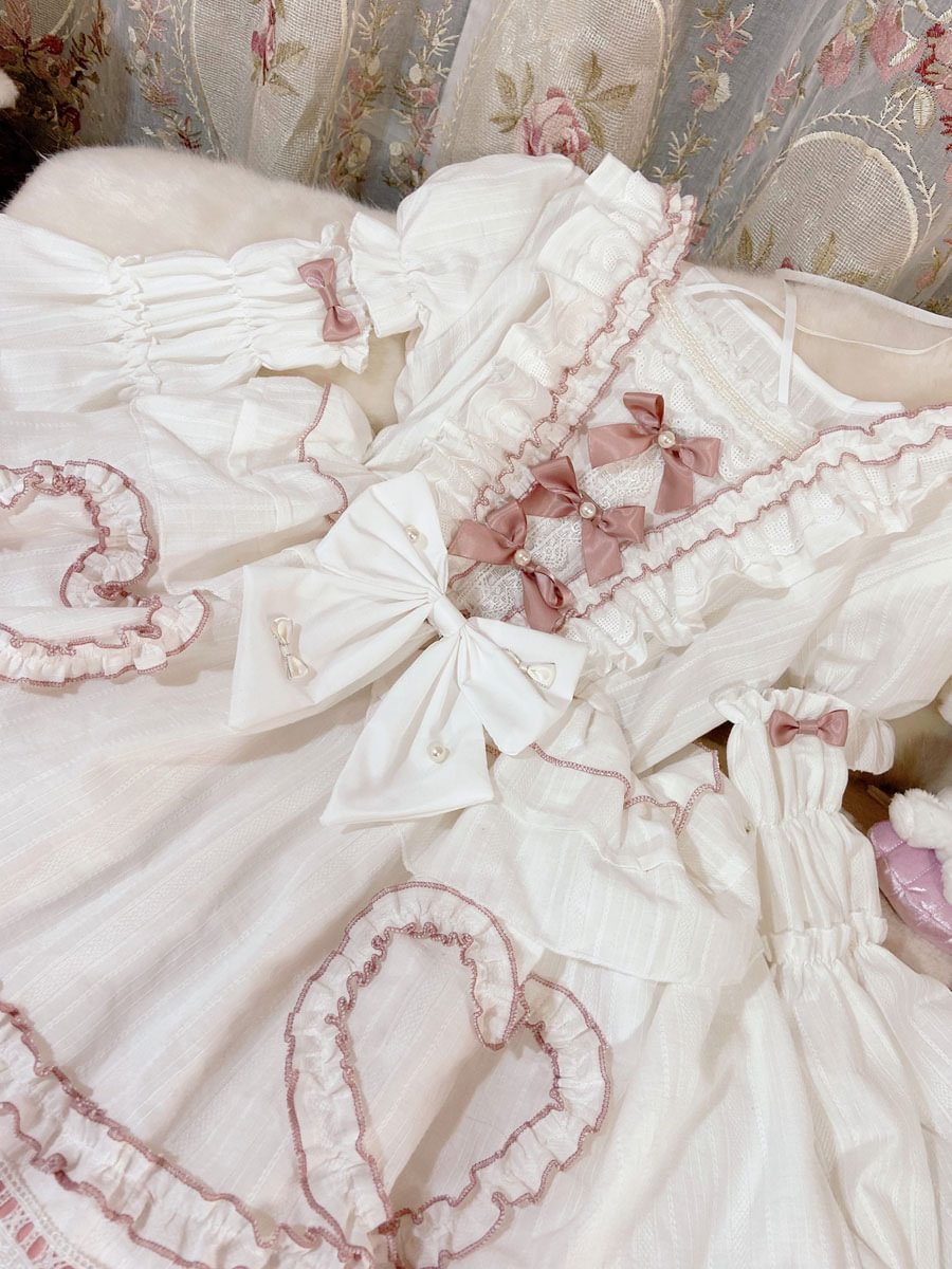 White Dress Sweet Lolita Wedding Dress Detachable Sleeves Ruffles Lace  Pink Bows  Lolita One Piece Dress Novameme