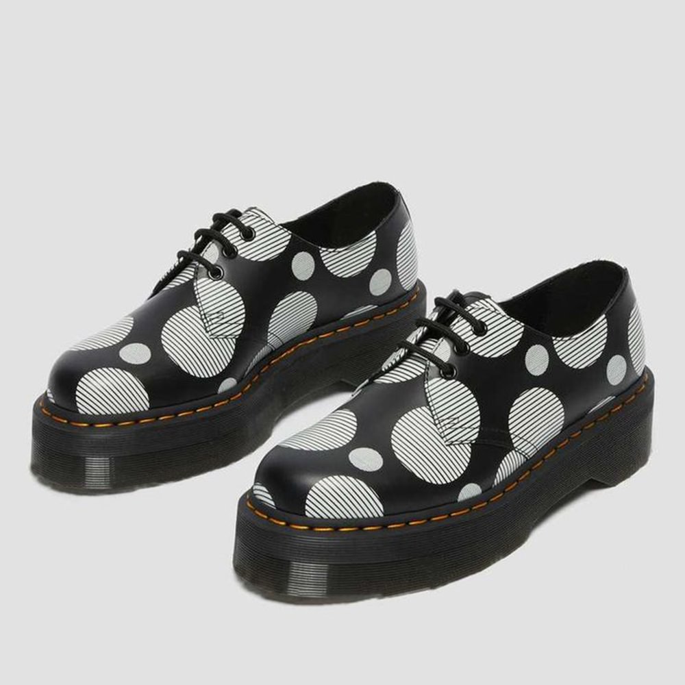 Black Round Toe Leather Lace Up Loafers With Dot Striped Platform Lug Sole Chunky Heel Shoes Nicepairs