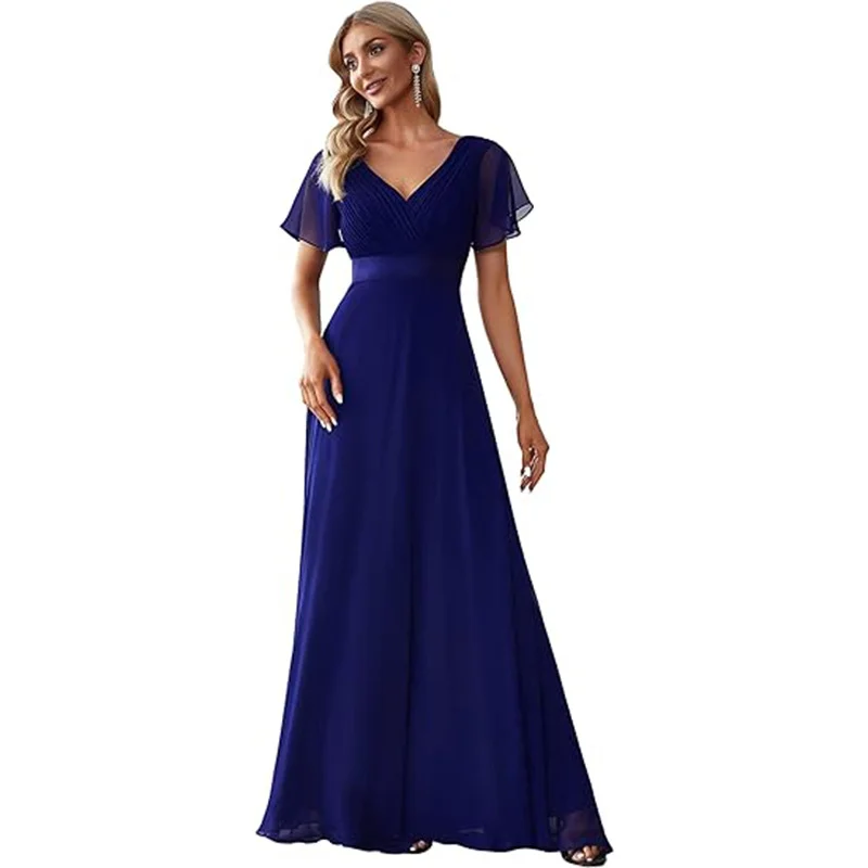 Uveng Uveng Sales Of Large Swing V-Neck Dress Chiffon Elastic Banquet Festival Annual Bridesmaid Performance Evening Dress Woman
