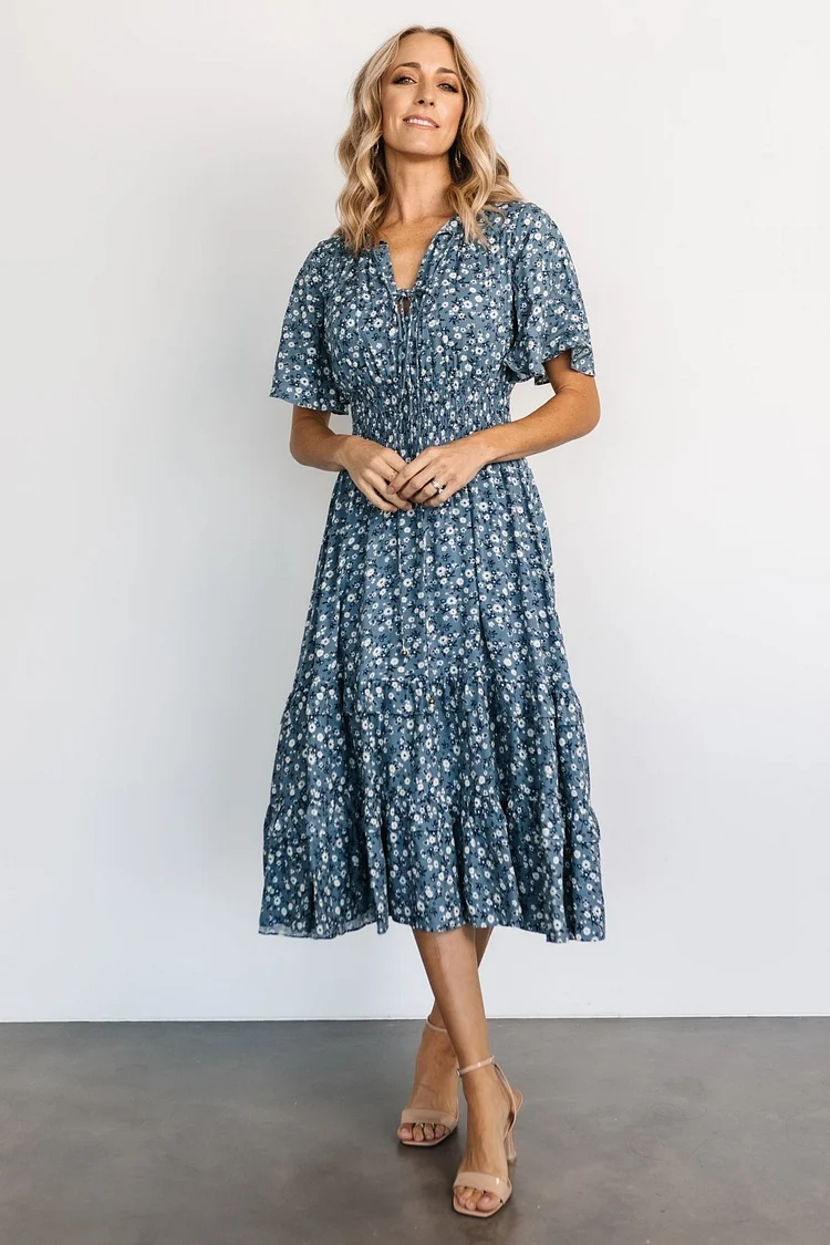 Boho Floral Midi Dress - Blue Floral