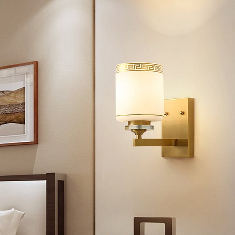 Cylinder Indoor Wall Lighting Traditional White Glass 1-Light Brass Finish Wall Sconce Lamp