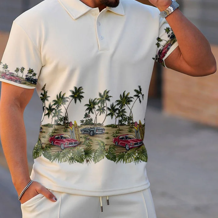 Resort print casual lapel polo shirt