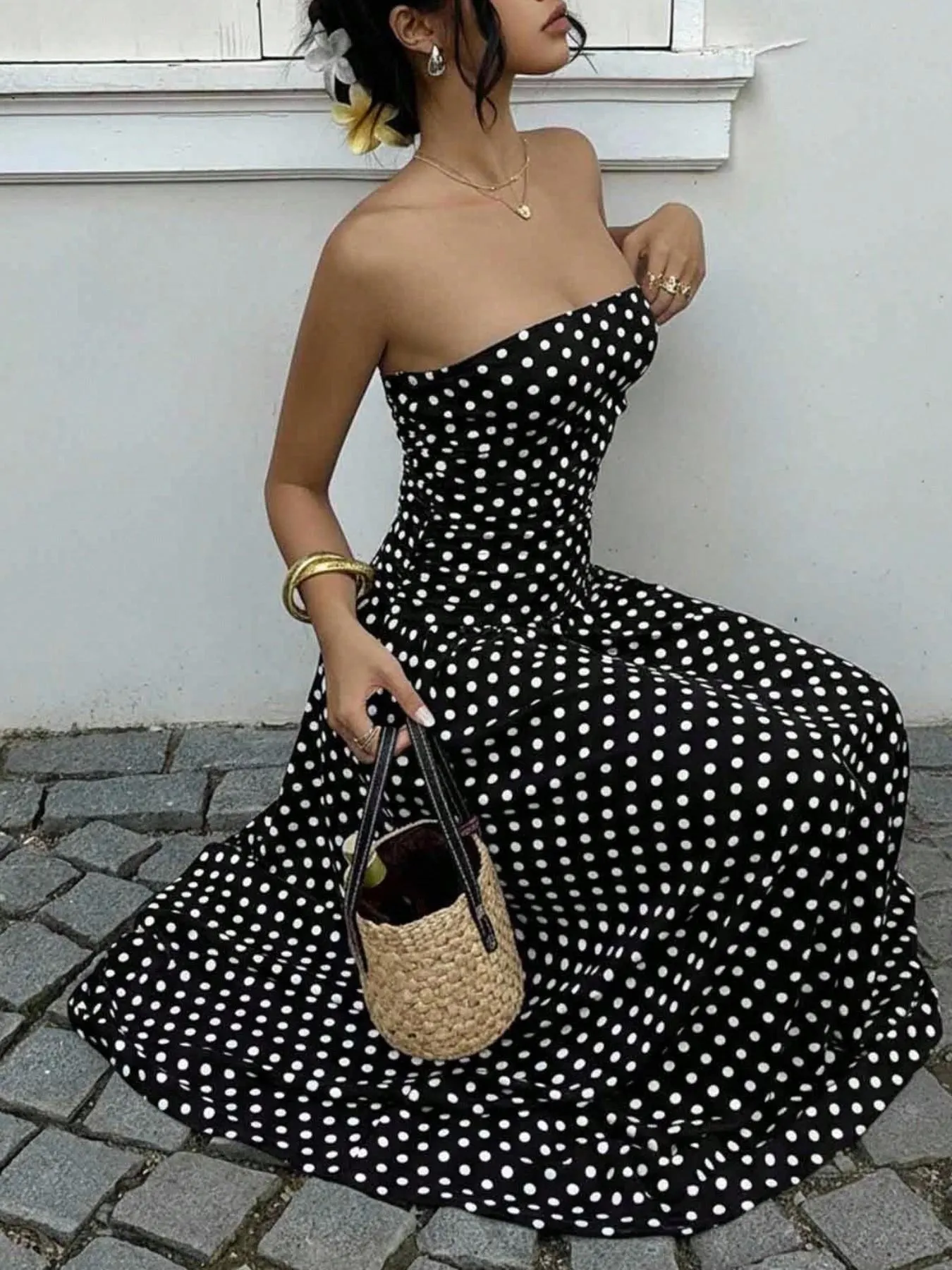 Women's Elegant Chic Fashion Polka Dot Strapless Dress, Stylish Sleeveless Maxi Dress for Parties and Casual Wear Women's Elegant Chic Fashion Polka Dot Strapless Dress, Stylish Sleeveless Maxi Dress for Parties and Casual Wear